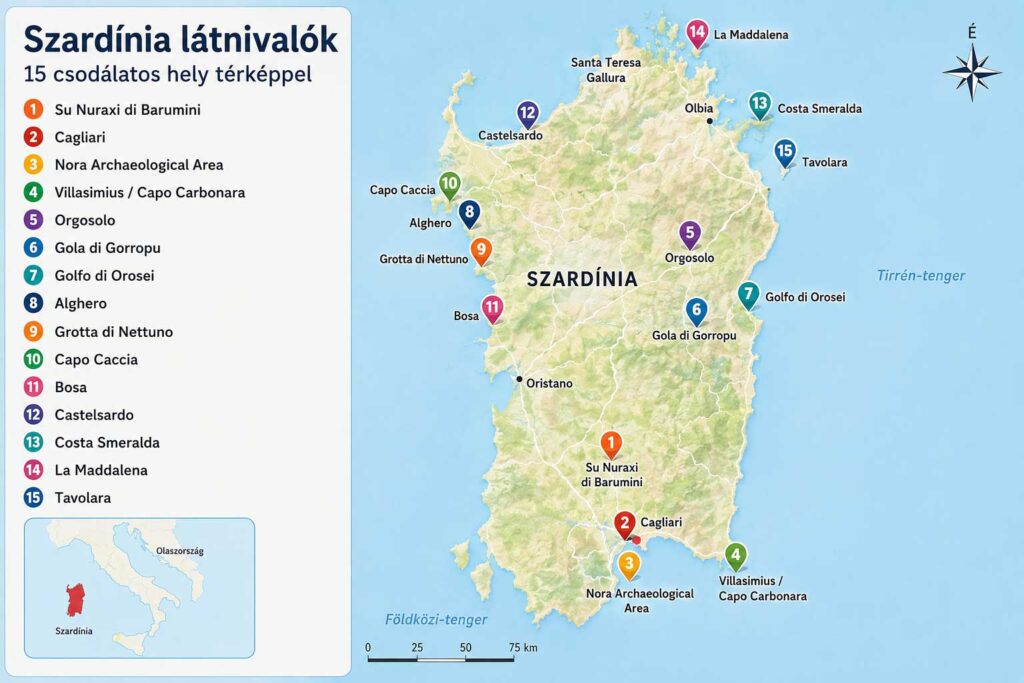 Szardínia látnivalók térképen