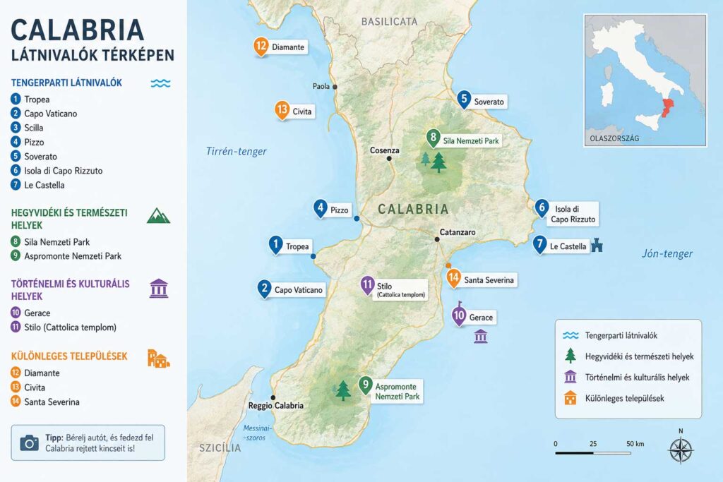 Calabria látnivalók térképen