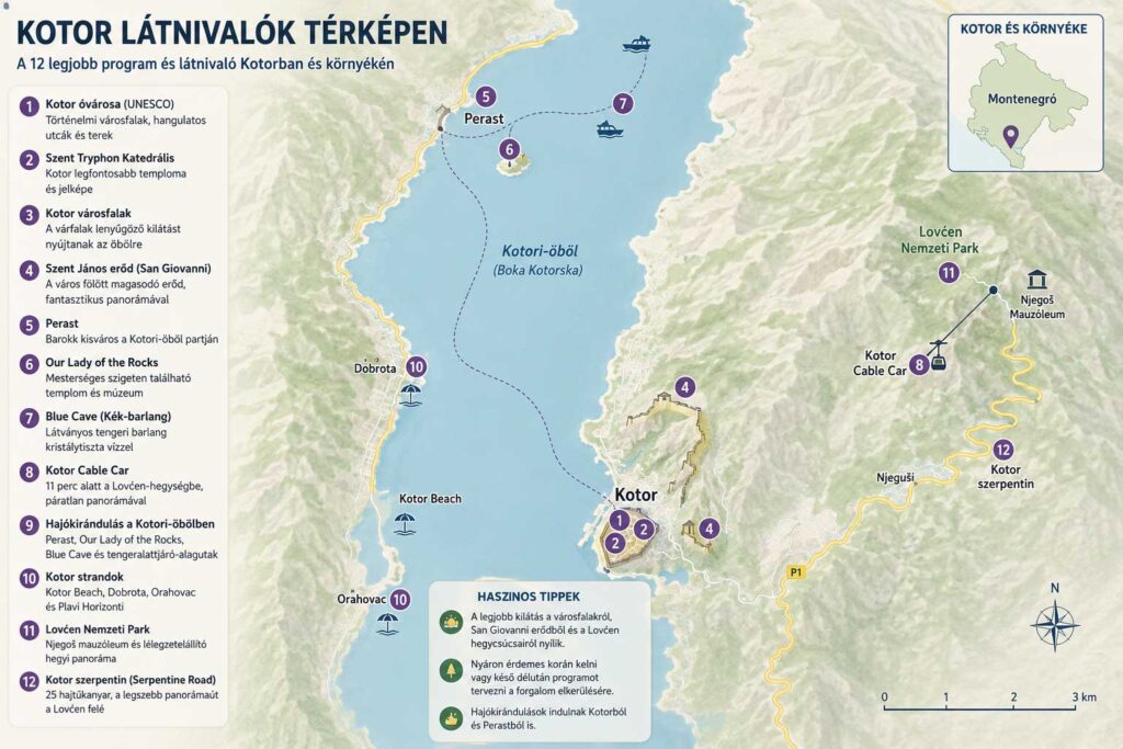 Kotor látnivalók térképen
