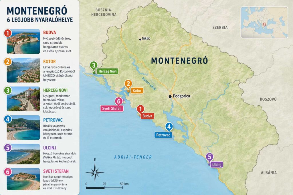 Montenegró legjobb nyaralóhelyei térképen