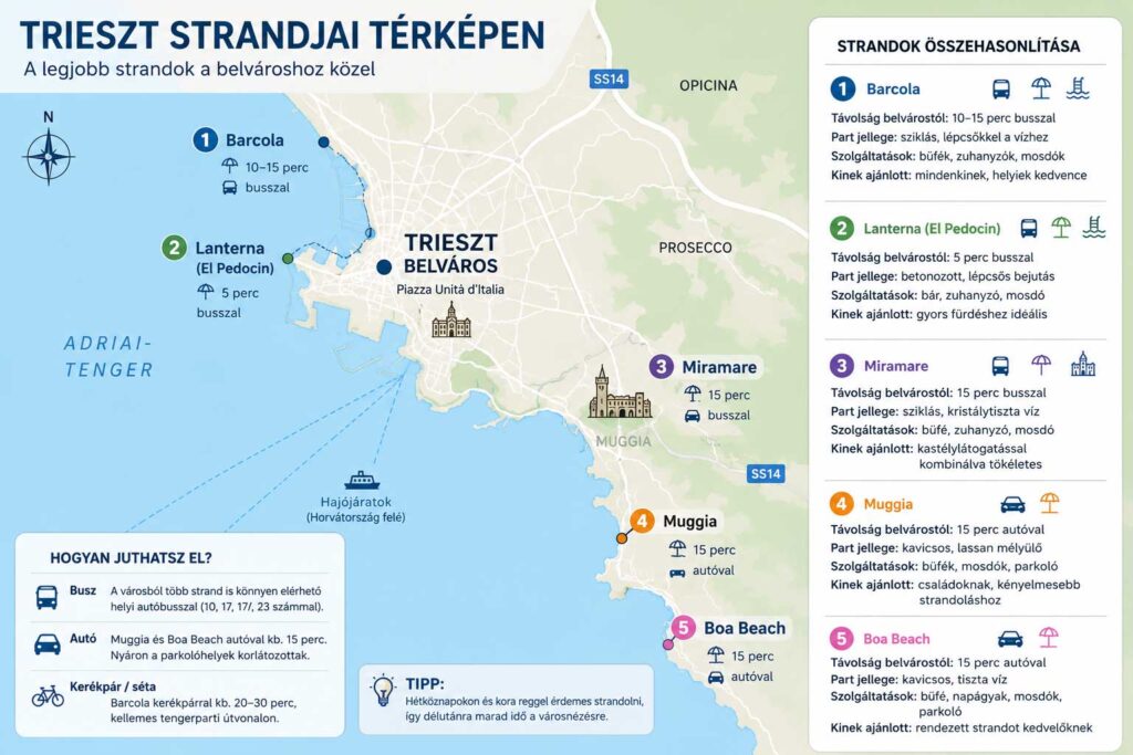 Trieszt strandjai térképen