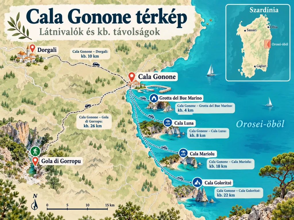 Cala Gonone látnivalói és távolságai